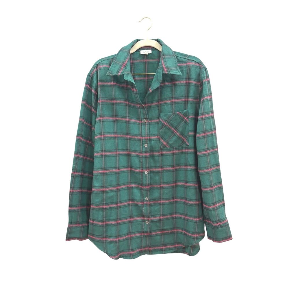 LA MIEL Green Plaid Button-Down Shirt with Pink Stripe